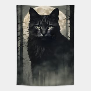 Giant Black Cat in the Foggy Forest Vintage Tapestry