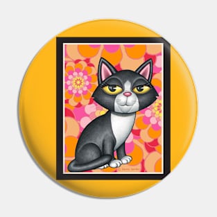 Cute Tuxedo Kitty with orange and pink flowers Pin