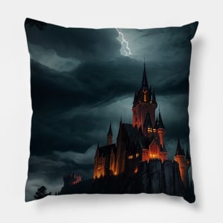 Lighting Striking the Top of a Haunted Castle Pillow