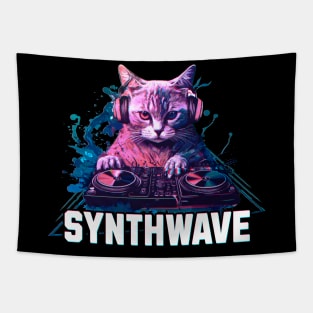 Synthwave cat with headphones Tapestry