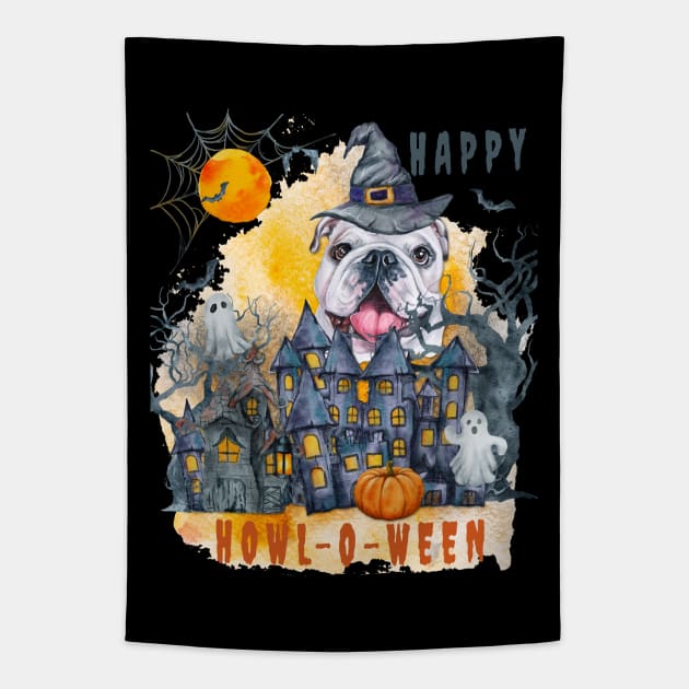 English bulldog Happy Howl-o-ween Ghost Houses Funny Watercolor Tapestry by Sniffist Gang