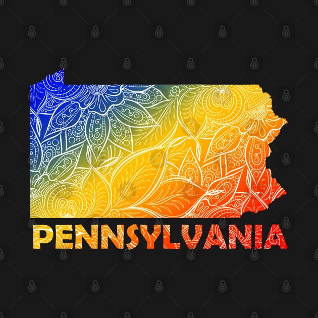 Colorful mandala art map of Pennsylvania with text in blue, yellow, and red by Happy Citizen