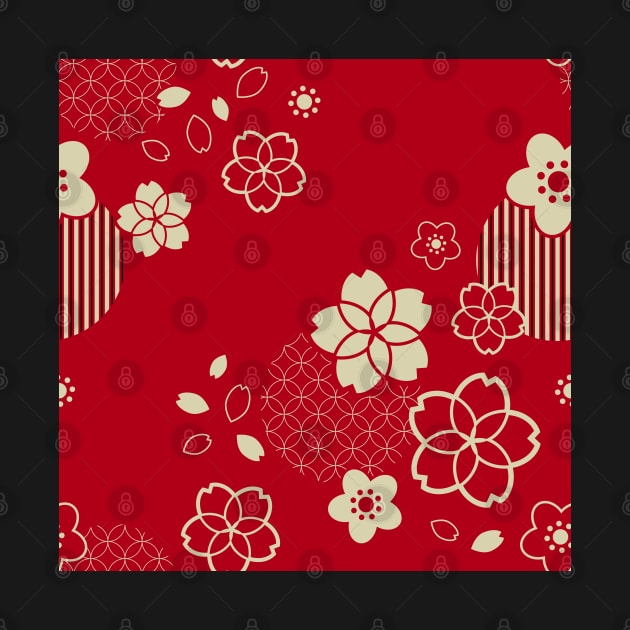 Red Asian pattern with spring flowers by Elemesca