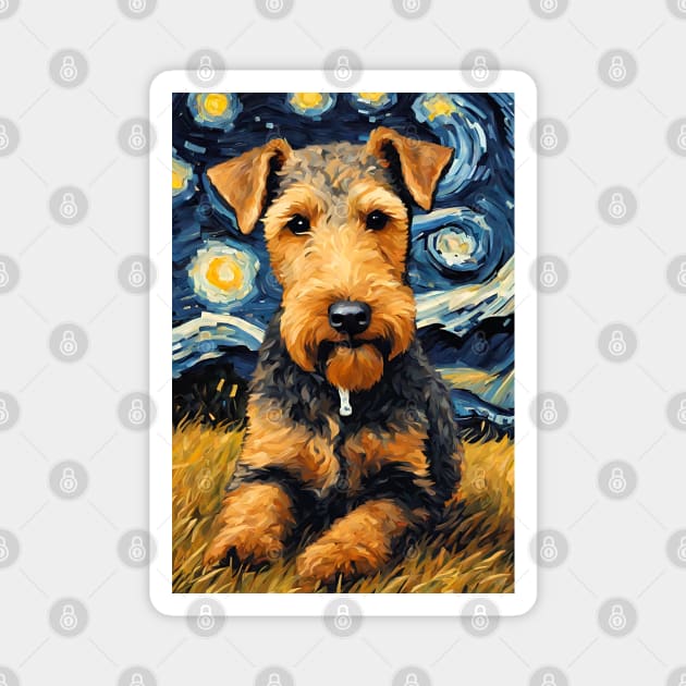 Airedale Terrier Dog Breed Painting in a Van Gogh Starry Night Art Style Magnet by Art-Jiyuu