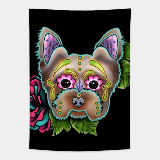 Yorkie - Day of the Dead Sugar Skull Dog Tapestry