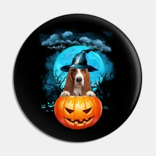 Basset Hound Witch Hat Pumpkin And Blue Moon Halloween Pin