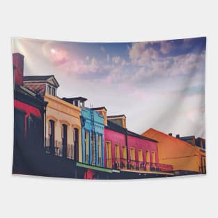 Sunny Cloudy Skies and Iconic Colorful Rainbow New Orleans French Quarter Nola Homes Yellow Light Blue Pink Orange Architecture Minimal Cityscape in Southern Louisiana Tapestry