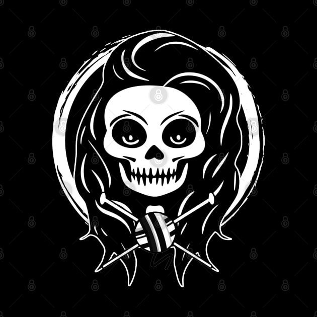 Female Knitter Skull and Knitting Needles White Logo by Nuletto