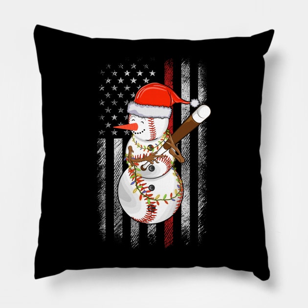 Christmas Snowman Playing Baseball with Us Flag Background Pillow by Sandra Holloman