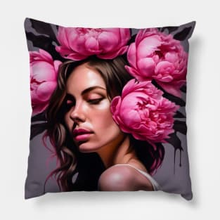 Flower Head Woman with Pink Peony Roses Pillow