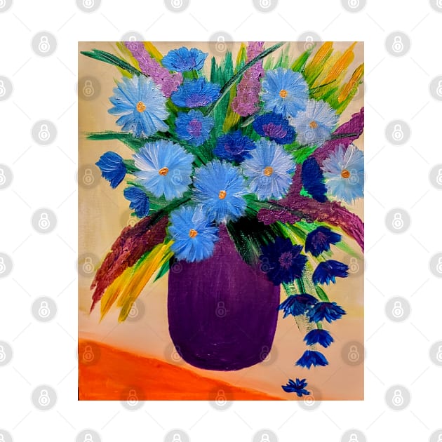 This vase had some long grass and mixed flower bouquet in it . And the vase was a metallic purple color . by kkartwork