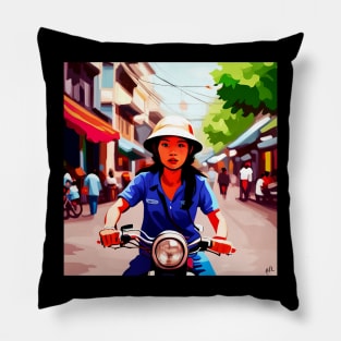 Vietnamese Girl on Motorbike Pillow