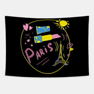 Colored drawing with a pink heart. Stylish print on the theme of Paris. Tapestry