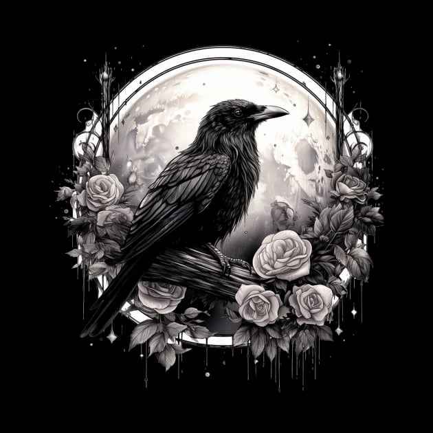 Gothic Crow, Full Moon, Roses, Raven Edgar Allan Poe Witchy Mystic by LunaElizabeth