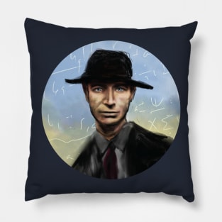 Oppenheimer with porkpie hat and New Mexico Sky Pillow