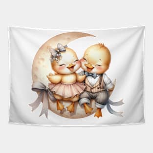 Valentine Happy Bird Couple On Moon Tapestry