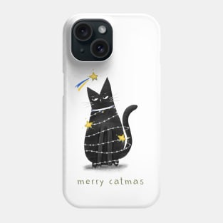 Cartoon black cat in New Year's garlands and the inscription "Merry Catmas". Phone Case