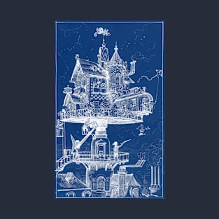 "Maison tournante aérienne" or "Revolving Aerial House" in blue - vintage steampunk art by Albert Robida, cleaned and restored T-Shirt