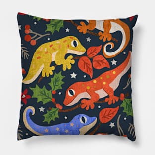 Colourful Christmas Geckos with Holly on Dark Blue Pillow