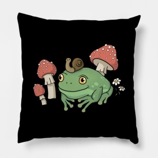 A Cute Cottagecore Aesthetic with a Frog Wearing a Snail Hat and Mushroom Pillow