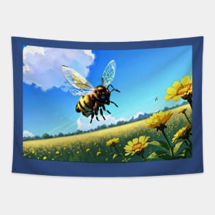 Anime Bee on a Sunflower Field Tapestry