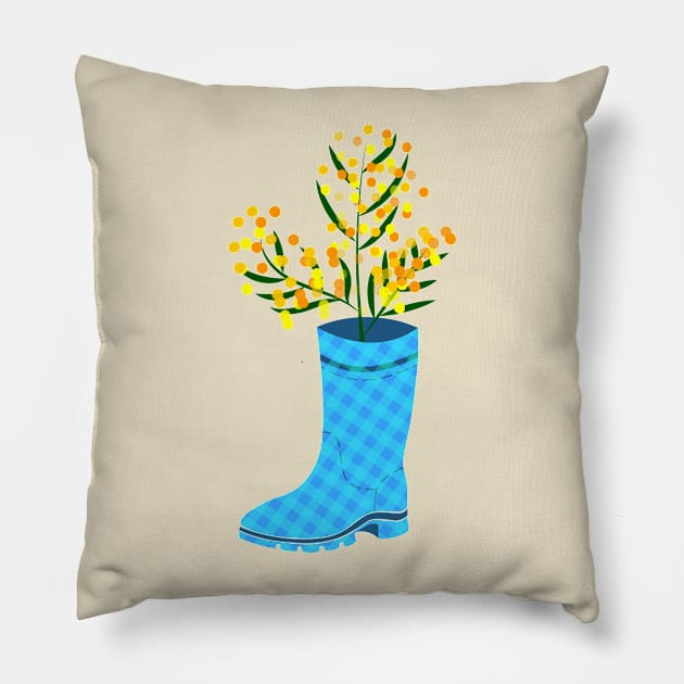 Rubber boots Wellies blue checkered Wellington boots and mimosa flower Pillow by Cute-Design