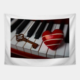 Red Heart And Skeleton key On Piano Keys Tapestry