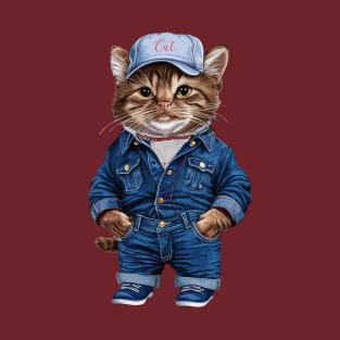 Cat Worker On Denim T-Shirt
