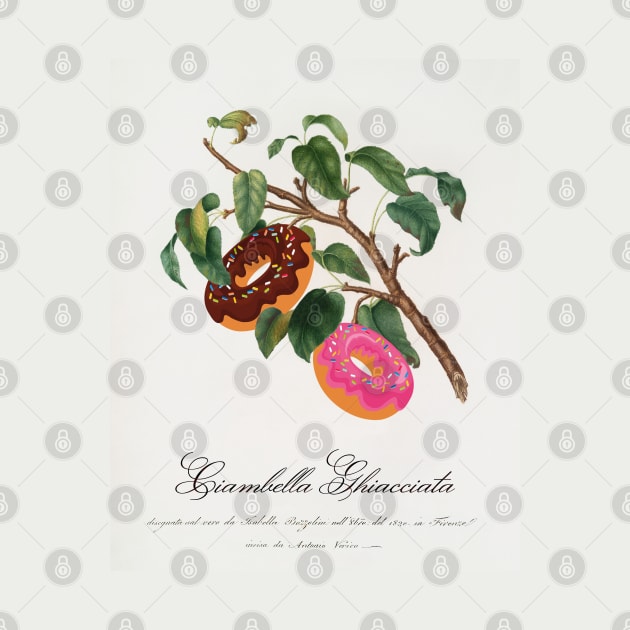 "Ciambella Ghiacciata" - Donut Tree; classic botanical art from Pomona Italiana updated with chocolate and strawberry donuts by Ofeefee