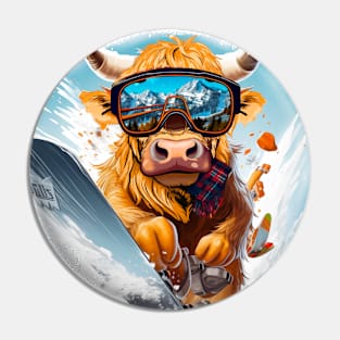 Winter sports, Highland Cow Snowboarding Pin