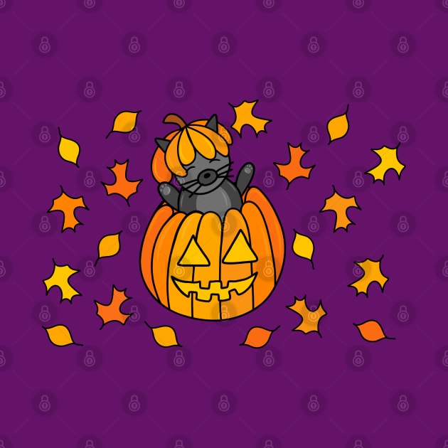 Cartoon Halloween Cat in Jack o Lantern Pumpkin with Fall Leaves on a Purple Backdrop, made by EndlessEmporium by EndlessEmporium