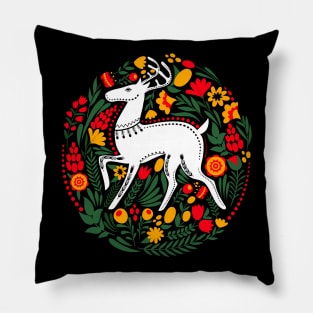 Folk Art White Stag with Flowers and Leaves Pillow