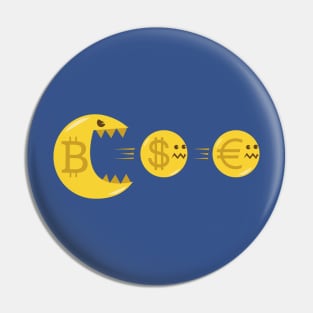 Funny Bitcoin Cartoon Eating Dollar and Euro Crypto Merch Pac Pin