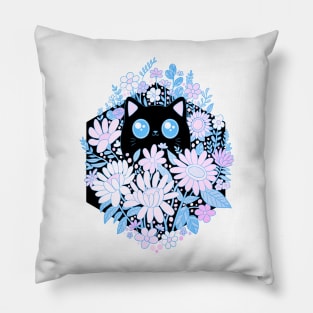 Cute black cat with blue wildflowers Pillow