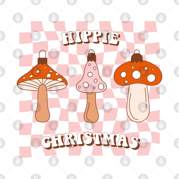 Vintage Merry Mushrooms. Retro vintage Christmas groovy toys of mushroom on checkerboard background. by CoCoArt-Ua