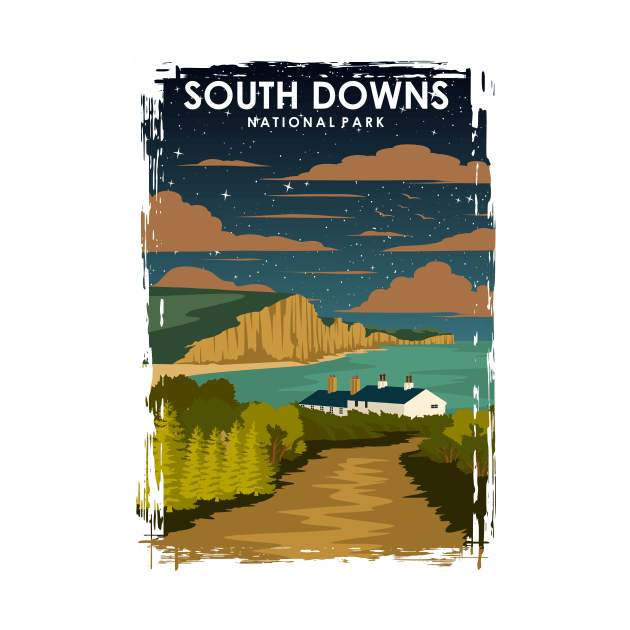 South Downs National Park Vintage Minimal Retro Trael Poster at Night by jornvanhezik