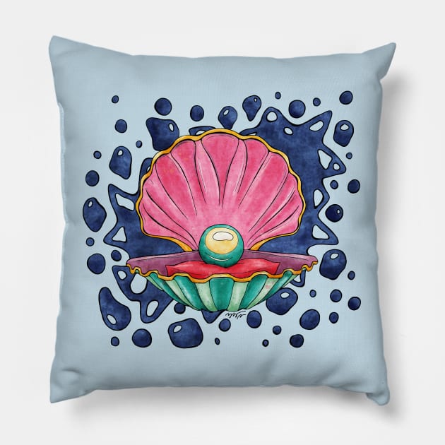 Cartoonish clam with pearl, bright seashell Pillow by NadiaChevrel
