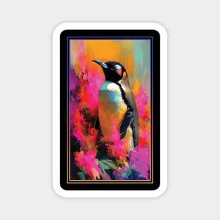 Penguin Vibrant Tropical Flower Tall Digital Oil Painting Portrait Magnet