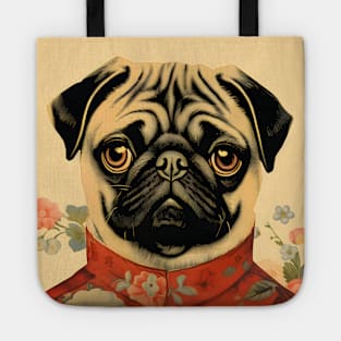 Floral Pug Dog Portrait in Suit Vintage Art Tote