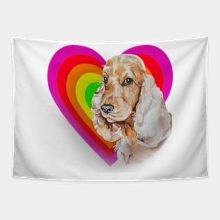 Big brown eyed cocker spaniel in a rainbow glowing heart Tapestry