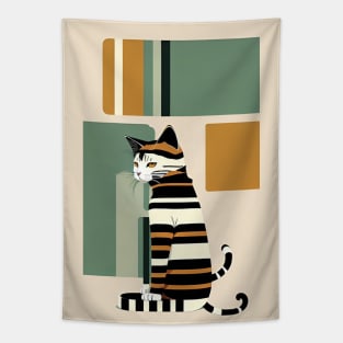 Striped Serenity: Tranquil Cat Design Tapestry