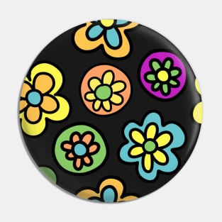 Colorful 70’s Style Flower Cartoon Pattern (in green, orange, yellow, blue,and magenta) on a Black Backdrop, made by EndlessEmporium Pin