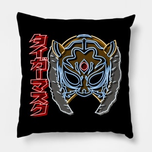 Tiger mask neon bg side Pillow