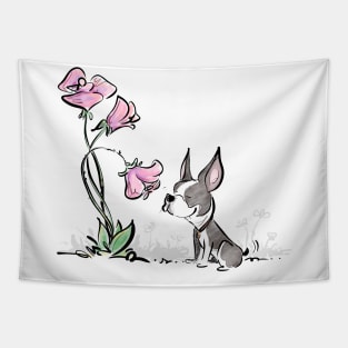 Boston Terrier Smelling Flowers (Color Version) Tapestry