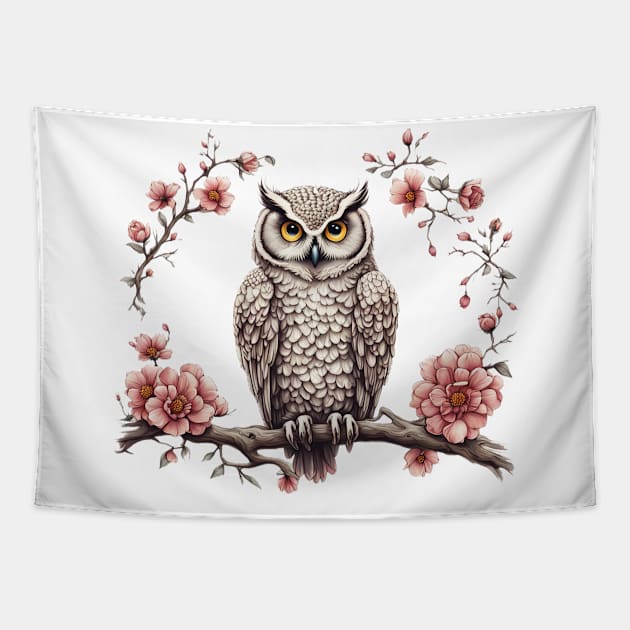 Owl on a tree branch flowers Tapestry by JnS Merch Store