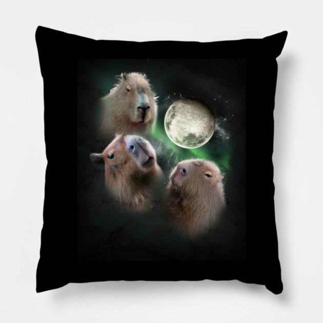 3 Three Capybara Moon, Wolf Wolves Howling Pillow by Random Galaxy
