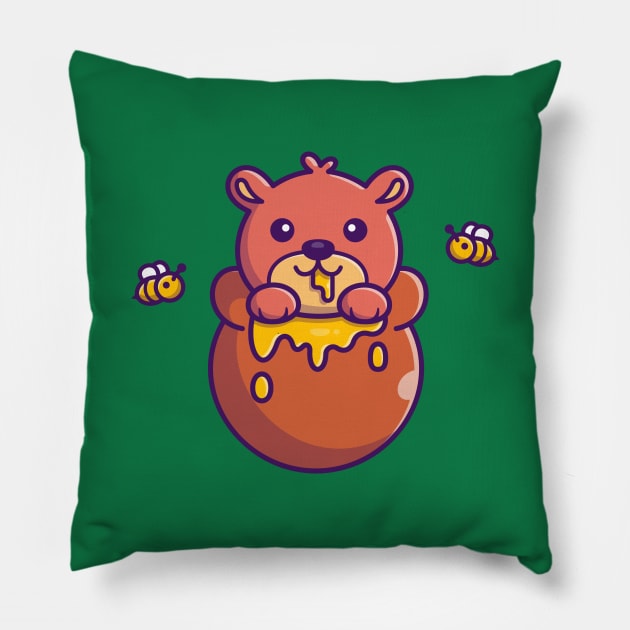 Cute Honey Bear Eating Honey Cartoon Pillow by Catalyst Labs