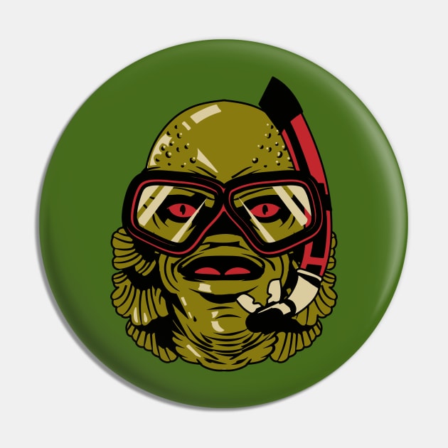 Funny Snorkling Swamp Monster Halloween Pin by SLAG_Creative
