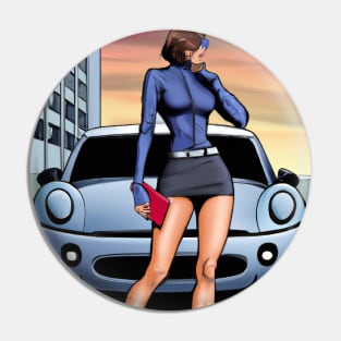 Comic Book Woman Standing with Car Pin