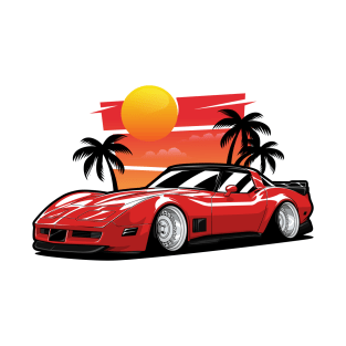 Red Corvette C3 Sunset Palms T-Shirt